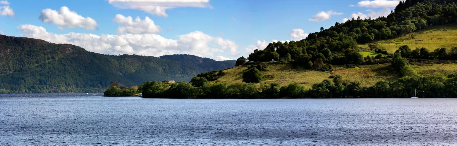 The world famous Loch Ness with Urquhart Castle in the distance
